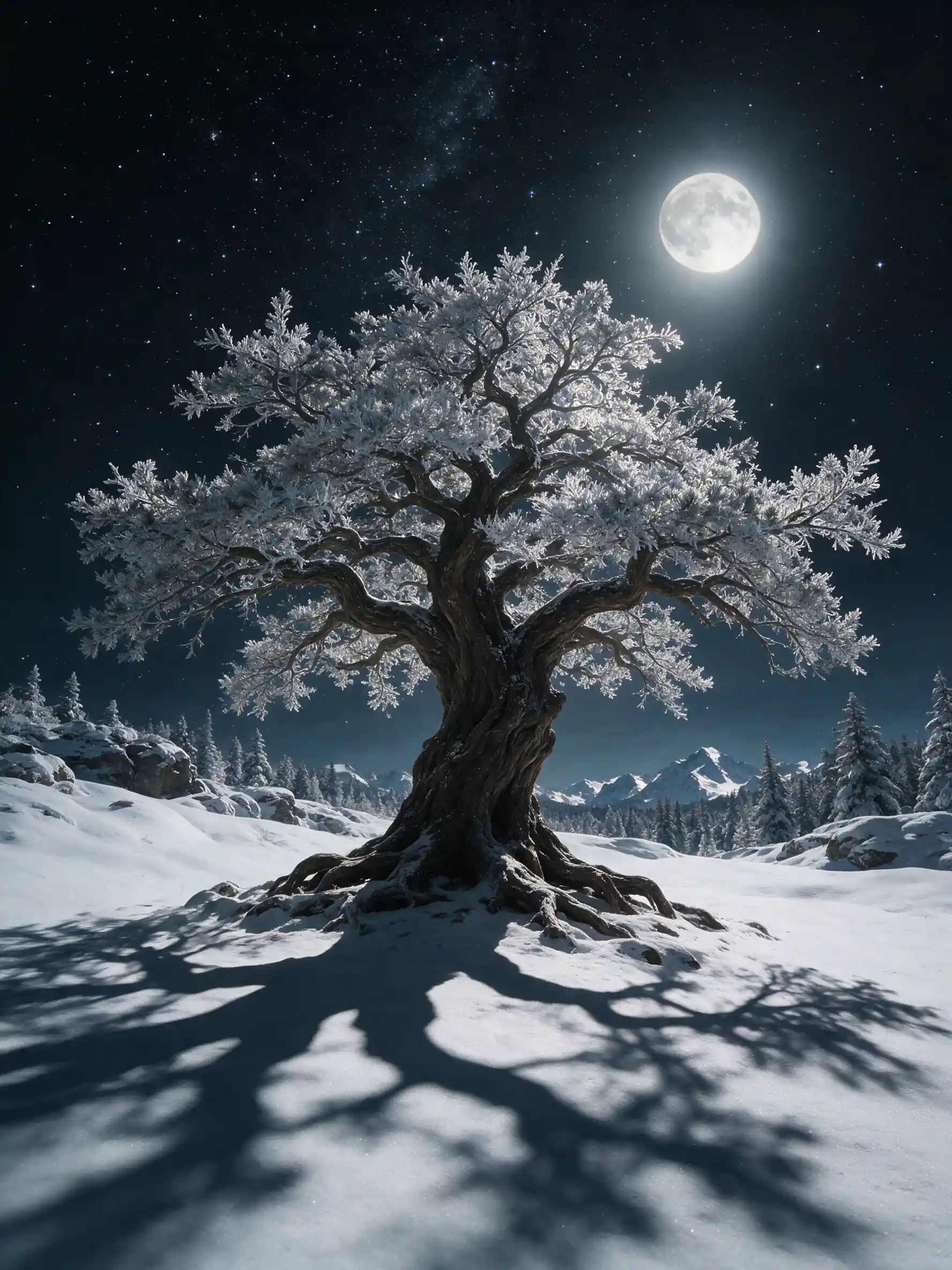 Árbol antiguo en nieve a la luz de la luna bajo un cielo estrellado