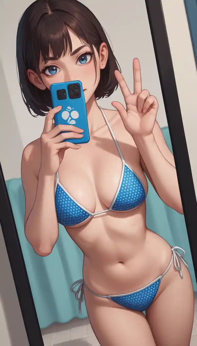 Joven mujer de Asia Oriental haciéndose un selfie en el espejo del baño