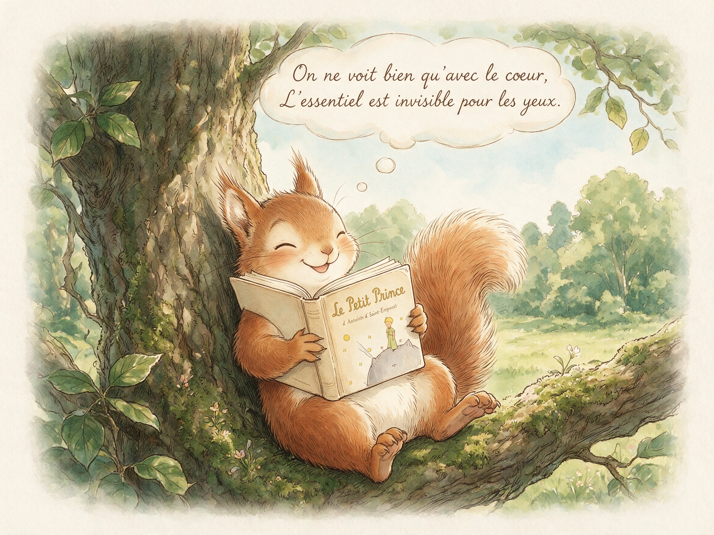 Ardilla tranquila leyendo en una rama en el bosque de verano
