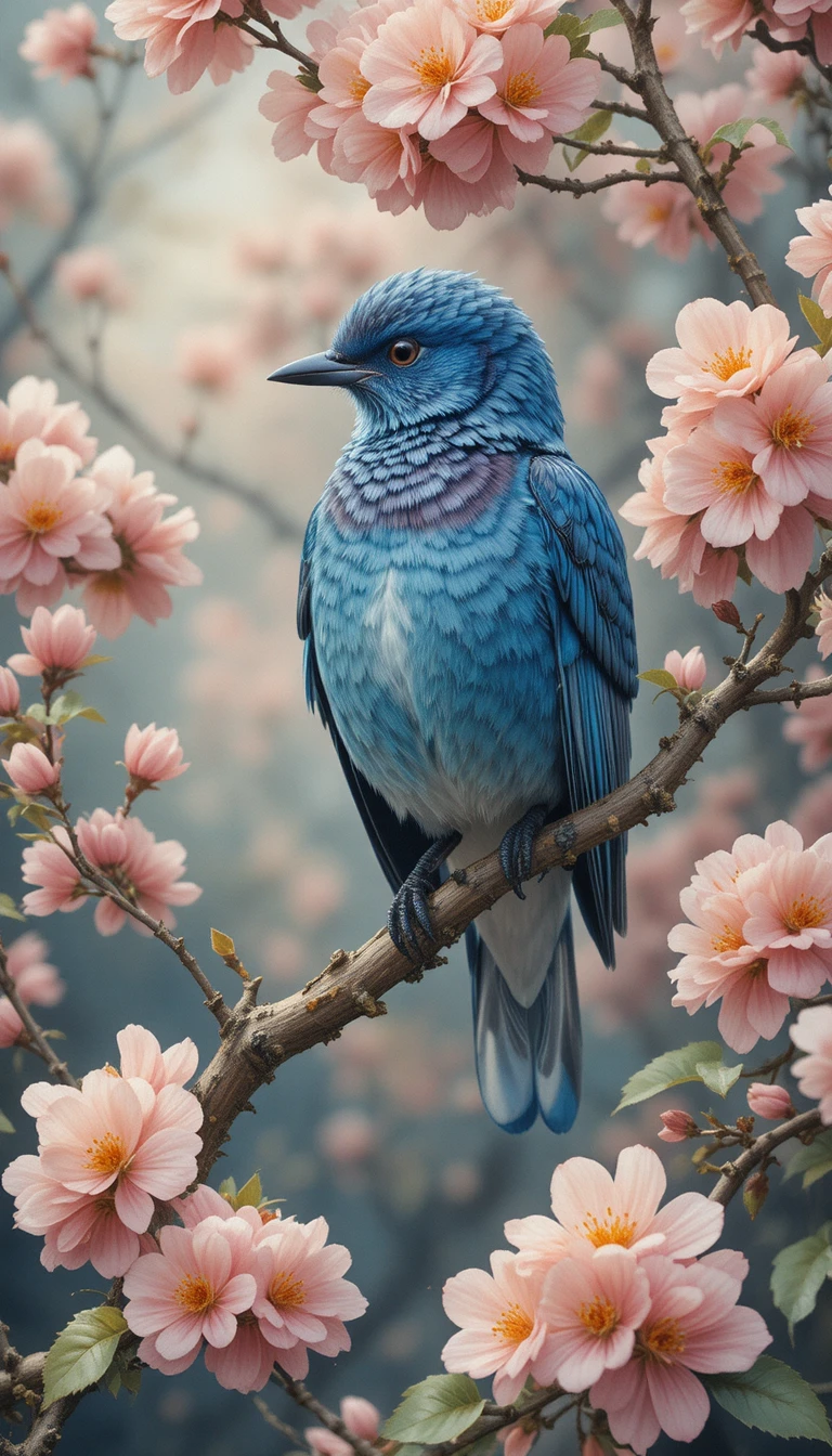 Pájaro azul en melocotonero en flor con estilo acuarela