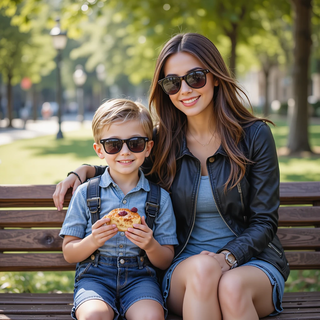 Mother and young son sharing a flapjack on a bench