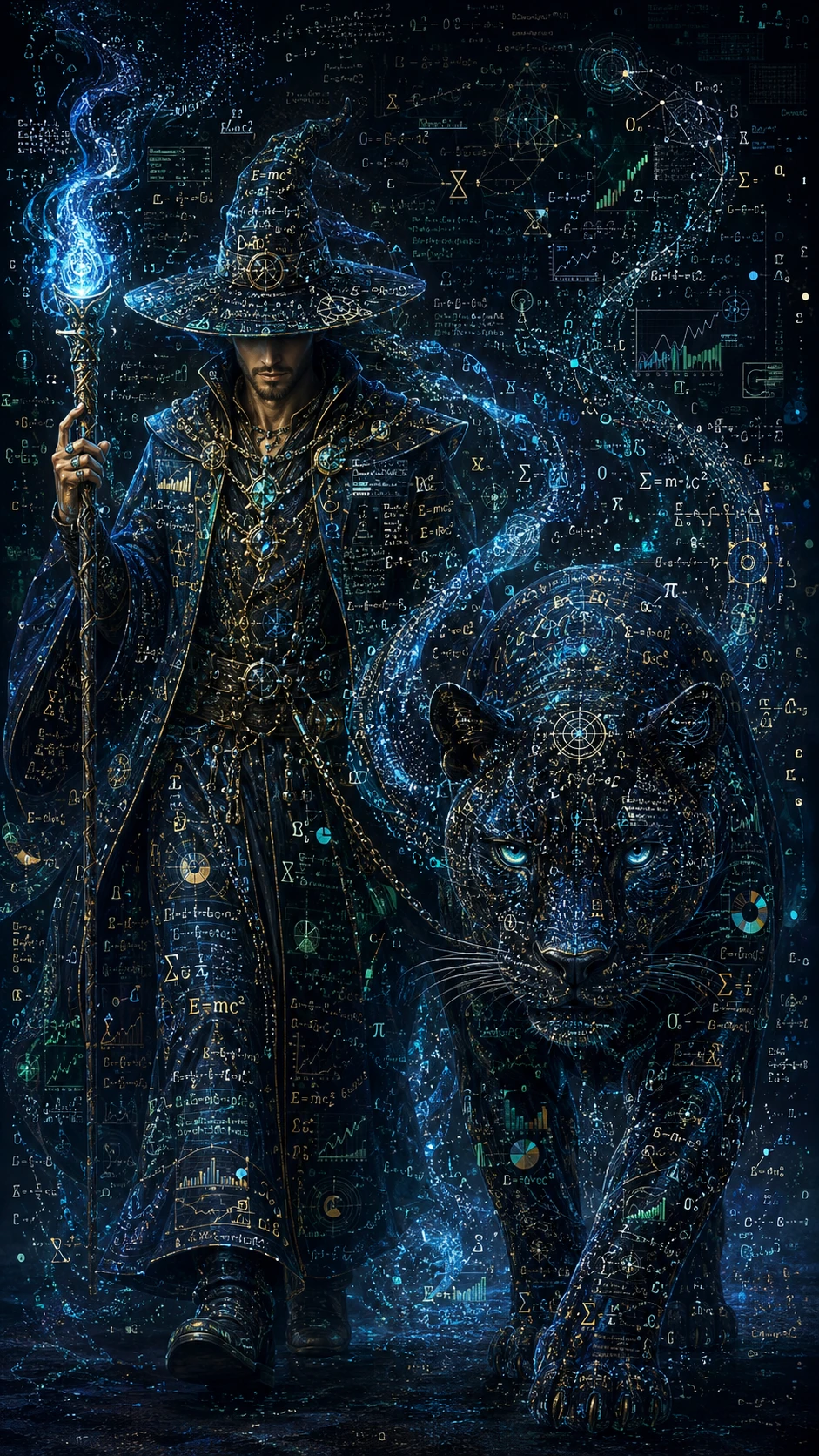 Warlock And Cosmic Panther Woven From Flowing Data