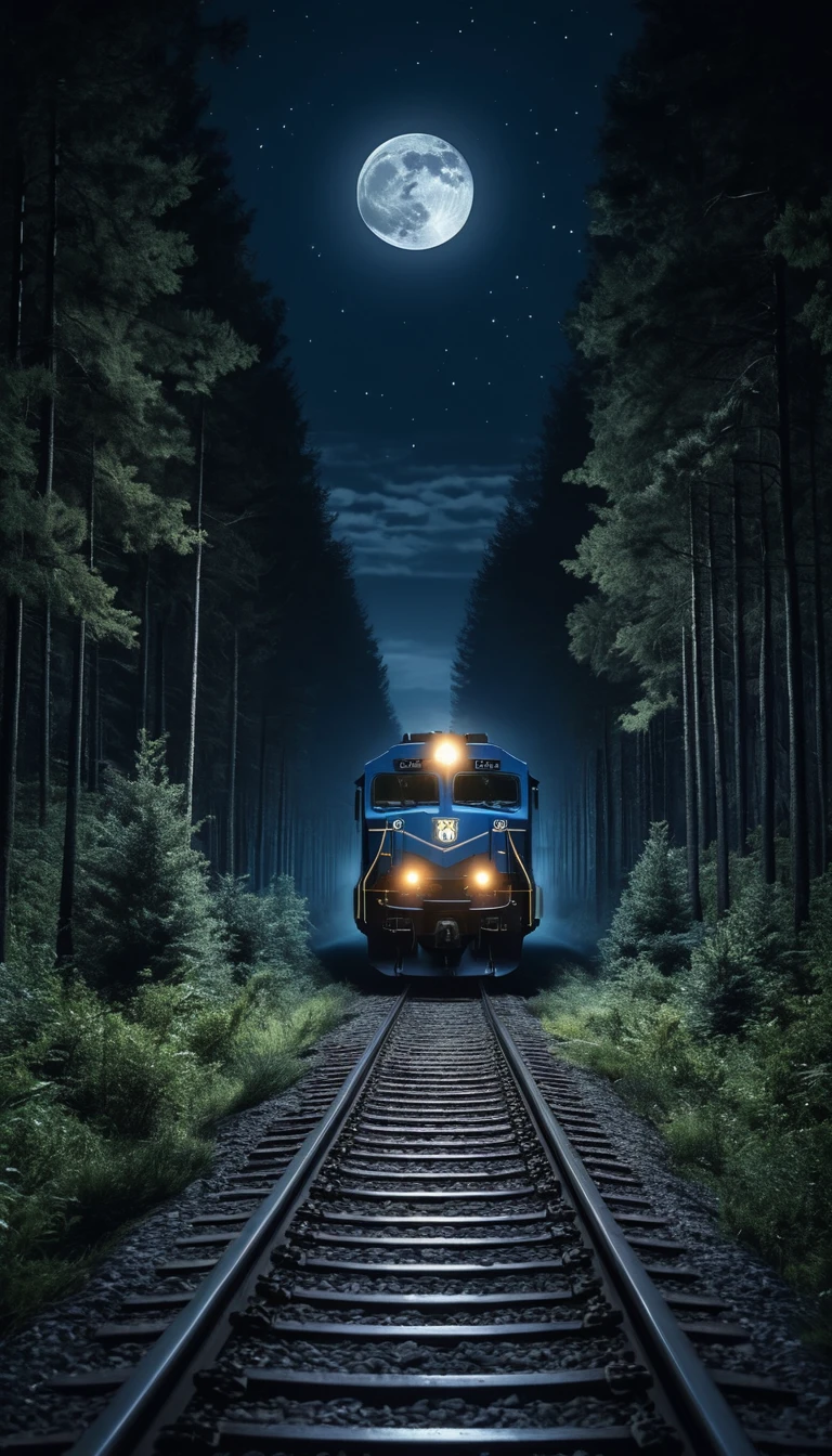 Tren de carga moderno bajo la luna llena en un bosque oscuro