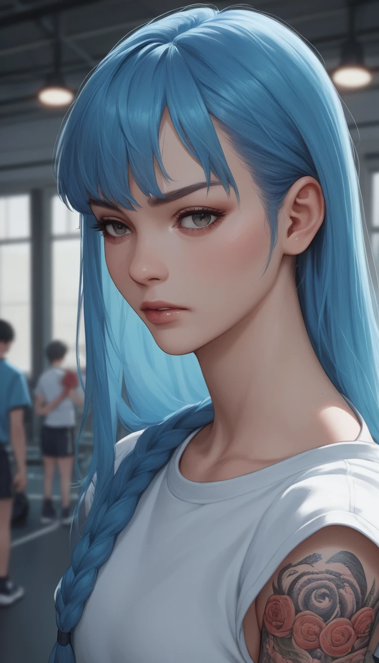 Injured anime schoolgirl close up in a crowded gym