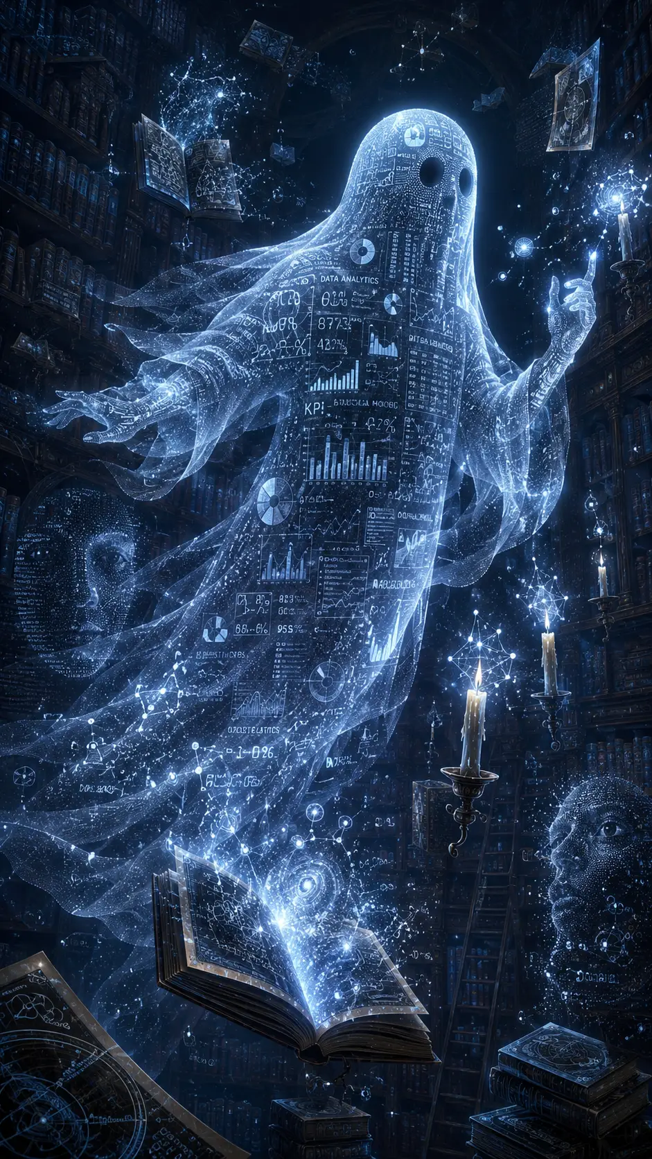 Fantasma translúcido de datos que flota por una biblioteca celestial infinita