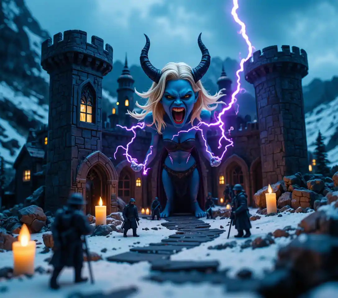 Súcubo de Piel Azul ante un Diorama de Castillo Nevado
