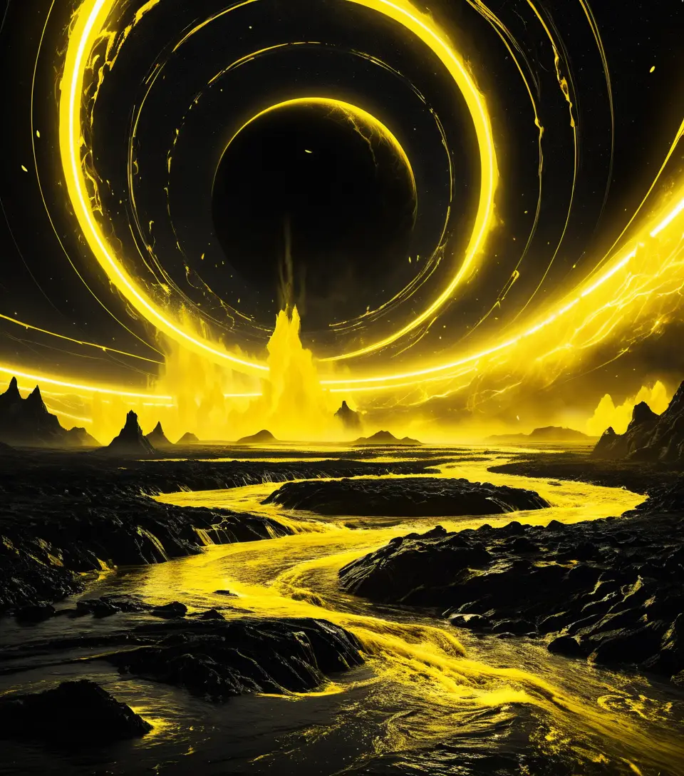 Naturaleza salvaje sci‑fi futurista con tormentas amarillas brillantes