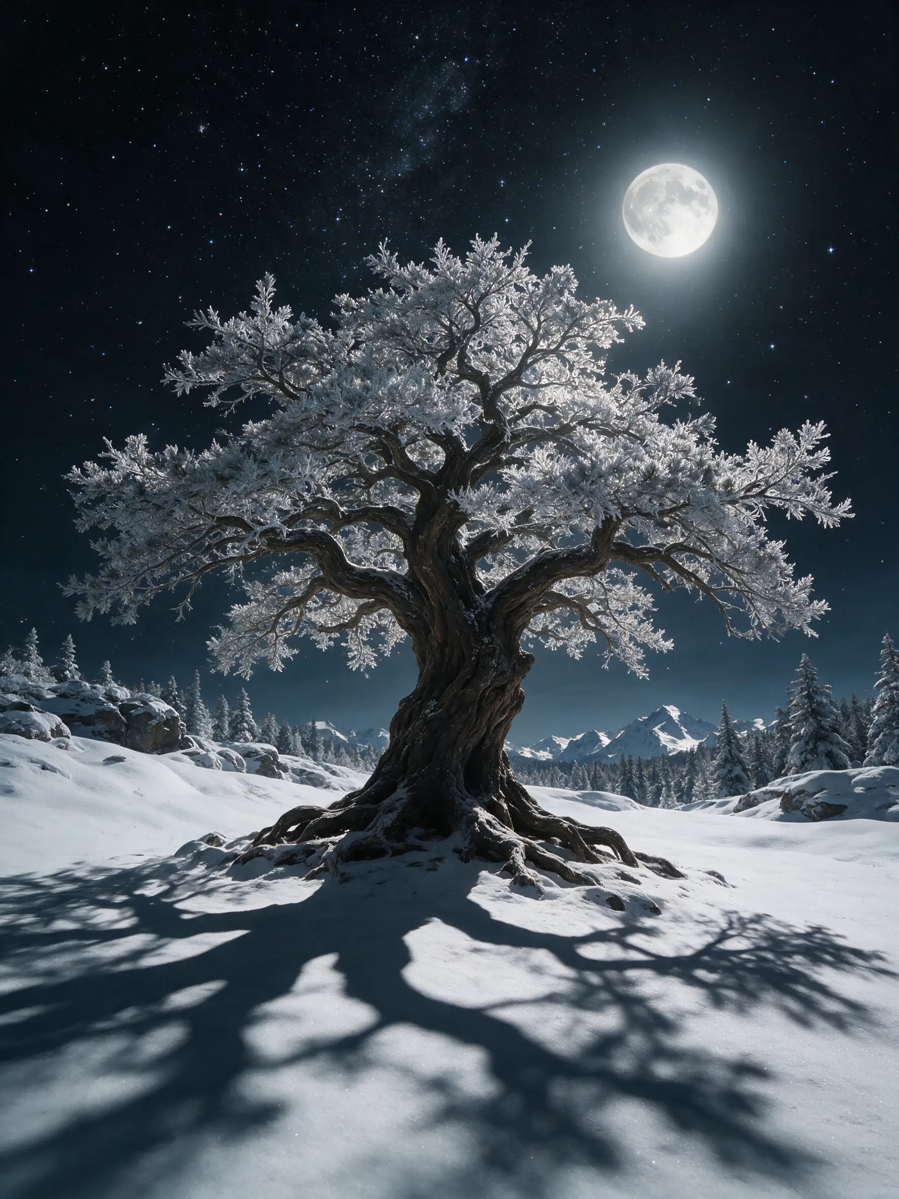 星空下月光雪地中的古老大樹