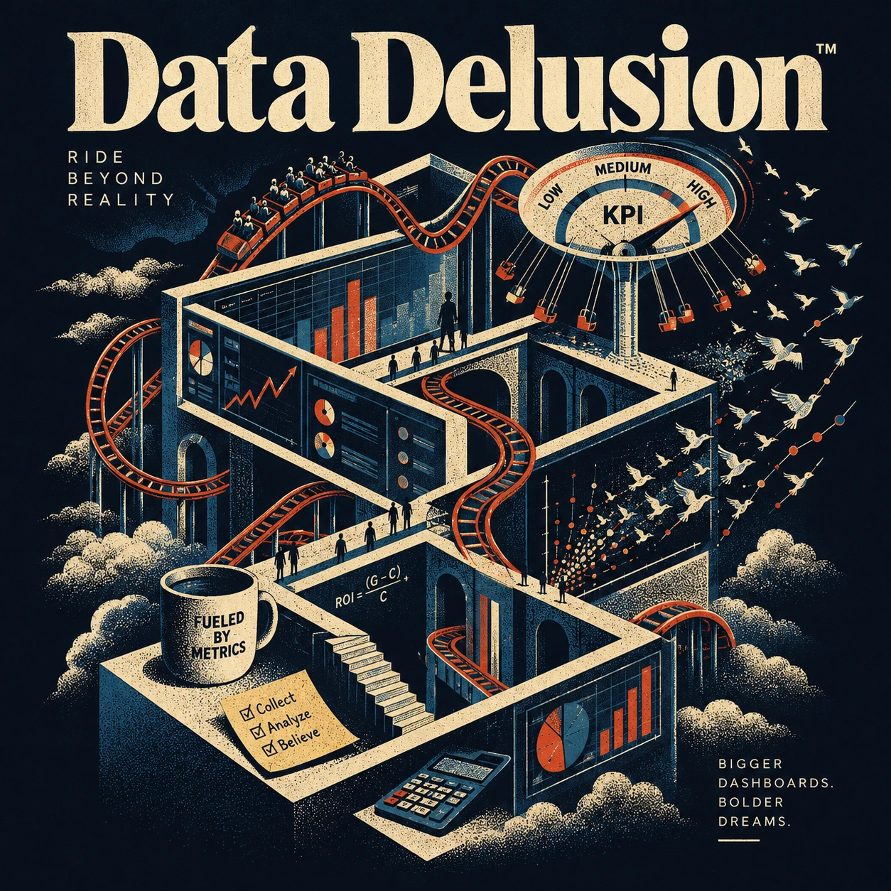 Futuristic data dashboards twisting into surreal roller coasters