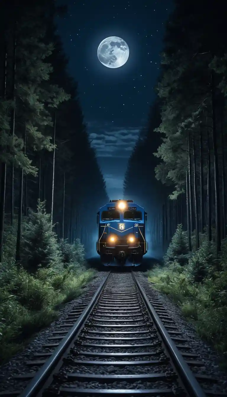Tren de carga moderno bajo la luna llena en un bosque oscuro