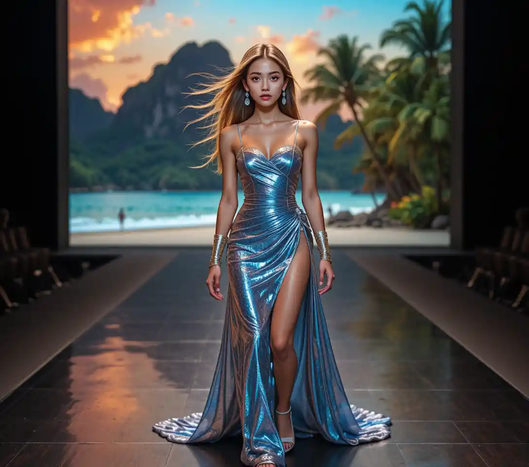 Donna asiatica in bikini blu su spiaggia tropicale al tramonto