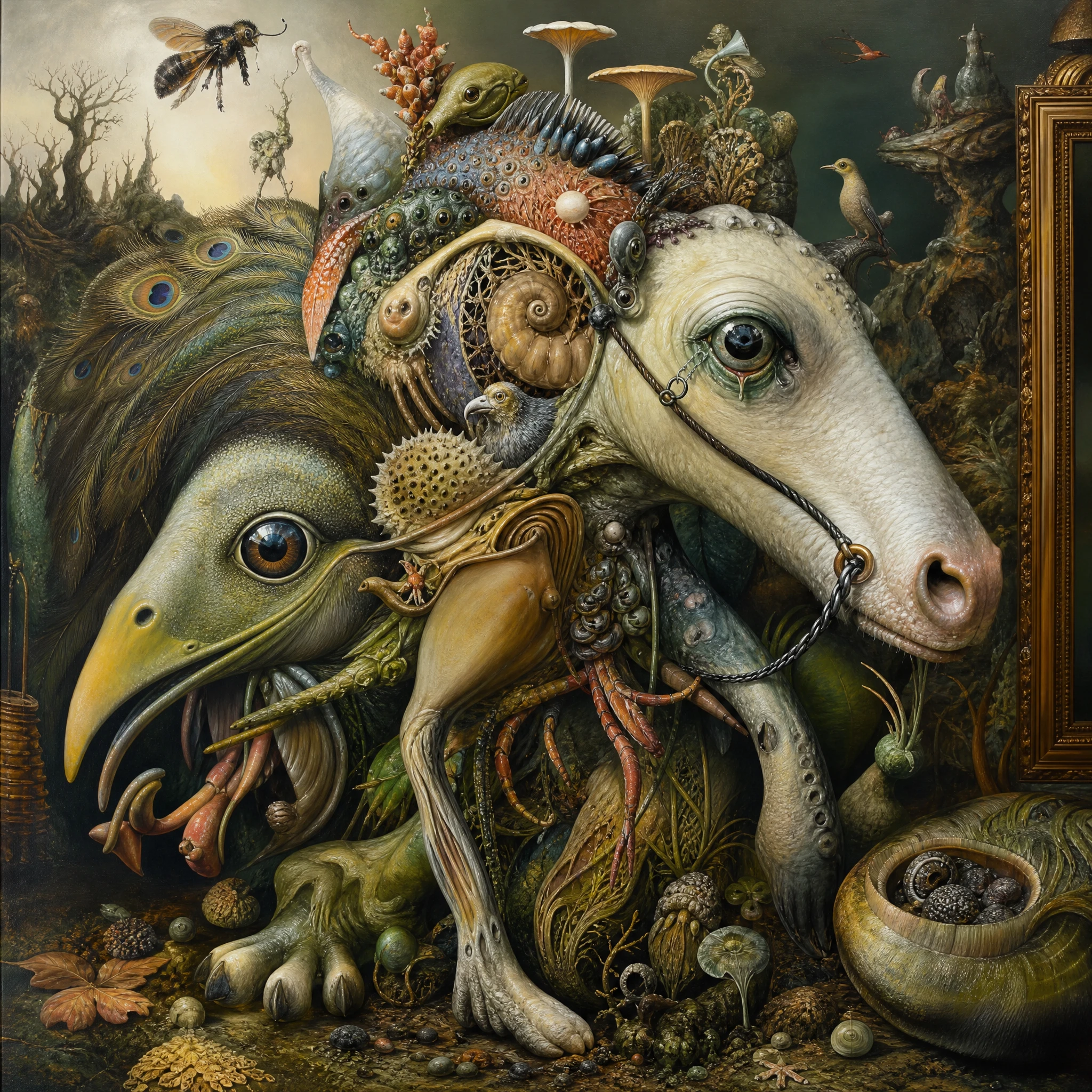 Pintura al óleo surrealista de formas de vida orgánicas entrelazadas