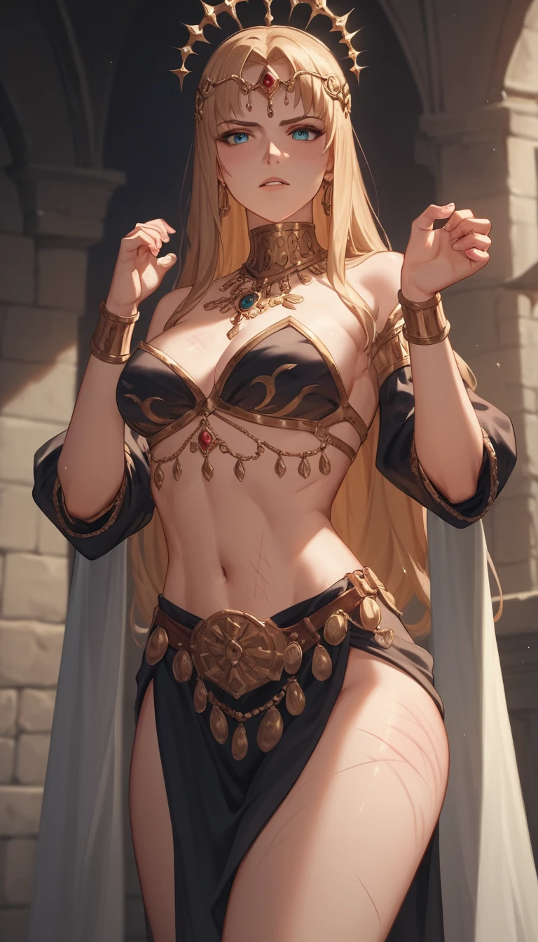 Mujer neko de anime herida en un oscuro palacio medieval