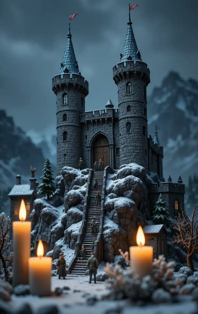 Castillo de piedra en miniatura en montaña nevada con cálida luz de velas