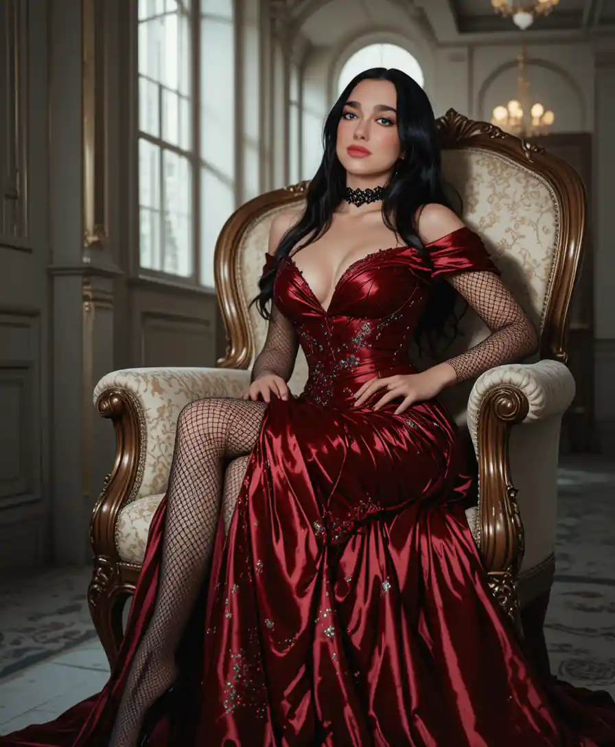 Mujer elegante con vestido negro brillante en interior de atmósfera intensa