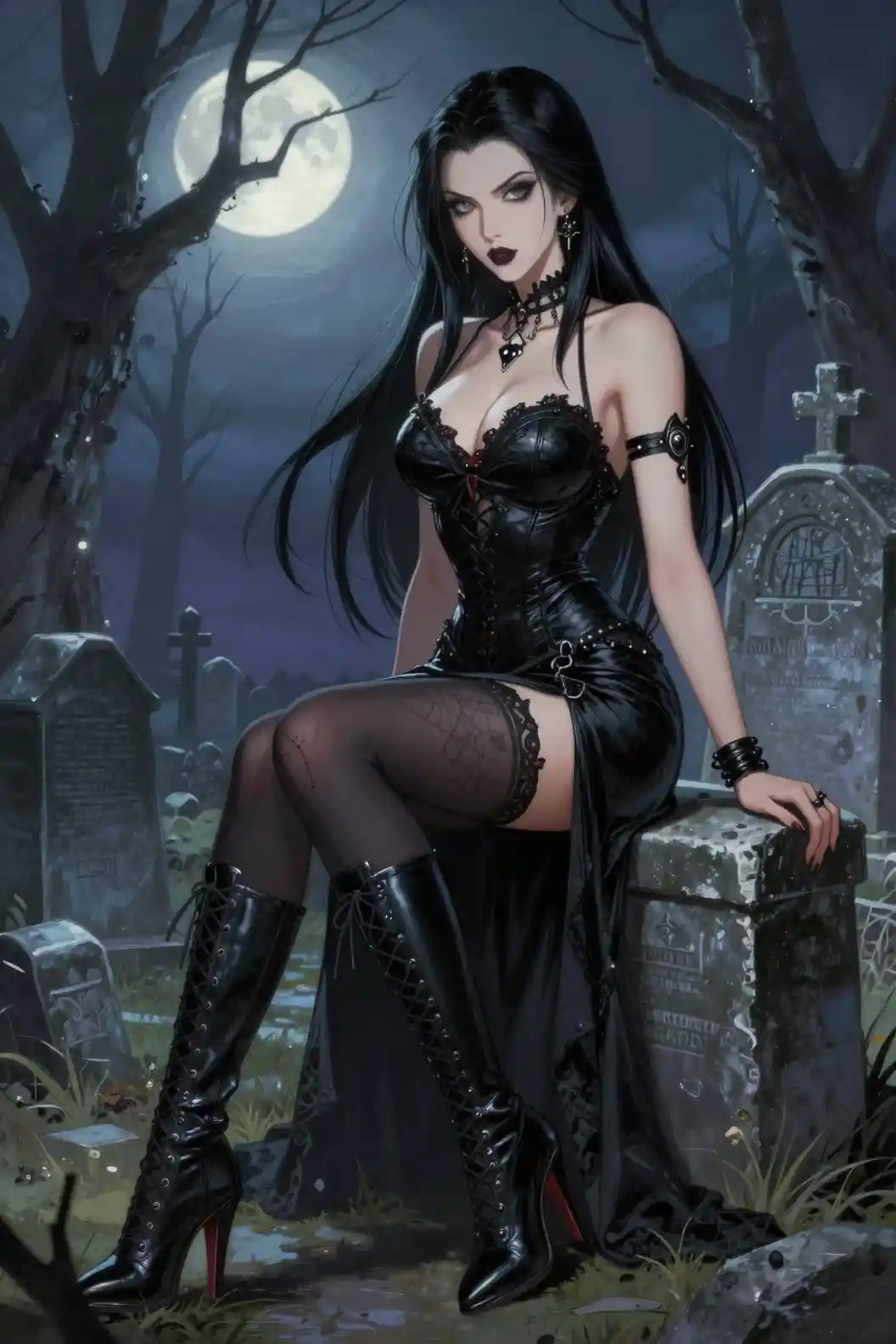 Vampire woman in a gothic dress sitting on a tomb