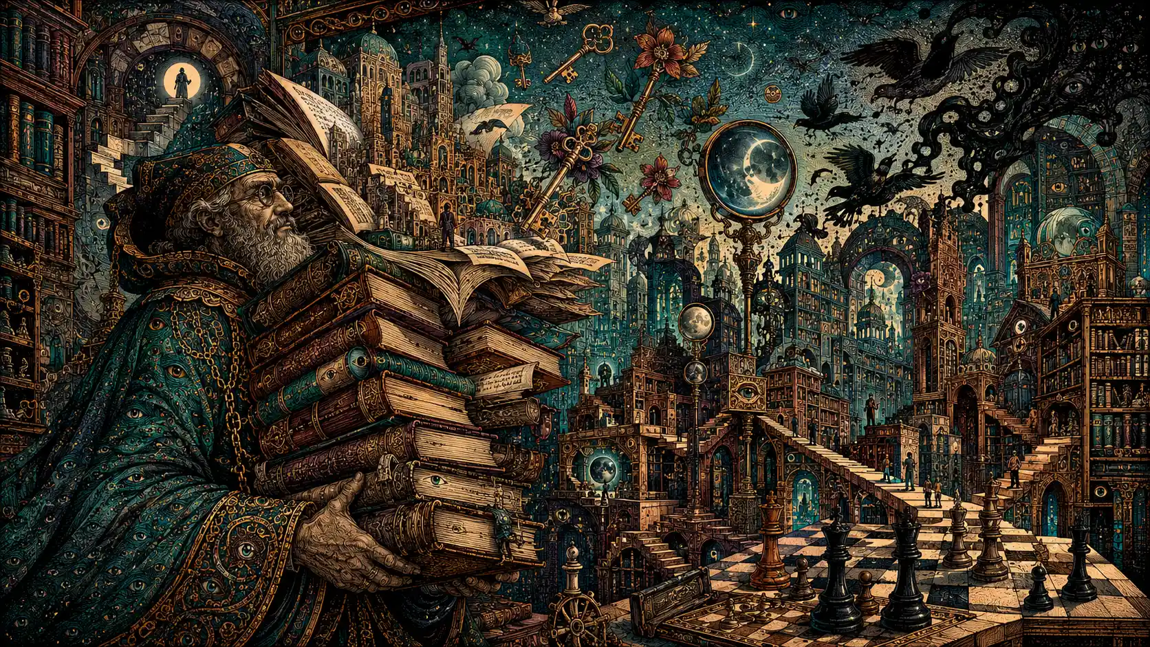 Ancient librarian bearing towering books that unfold into cities