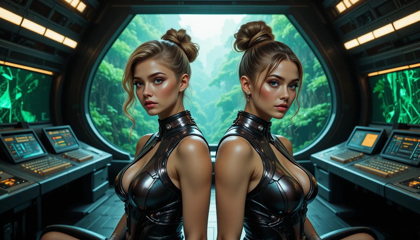 Zwei Sci-Fi-Frauen in einem futuristischen Kontrollraum