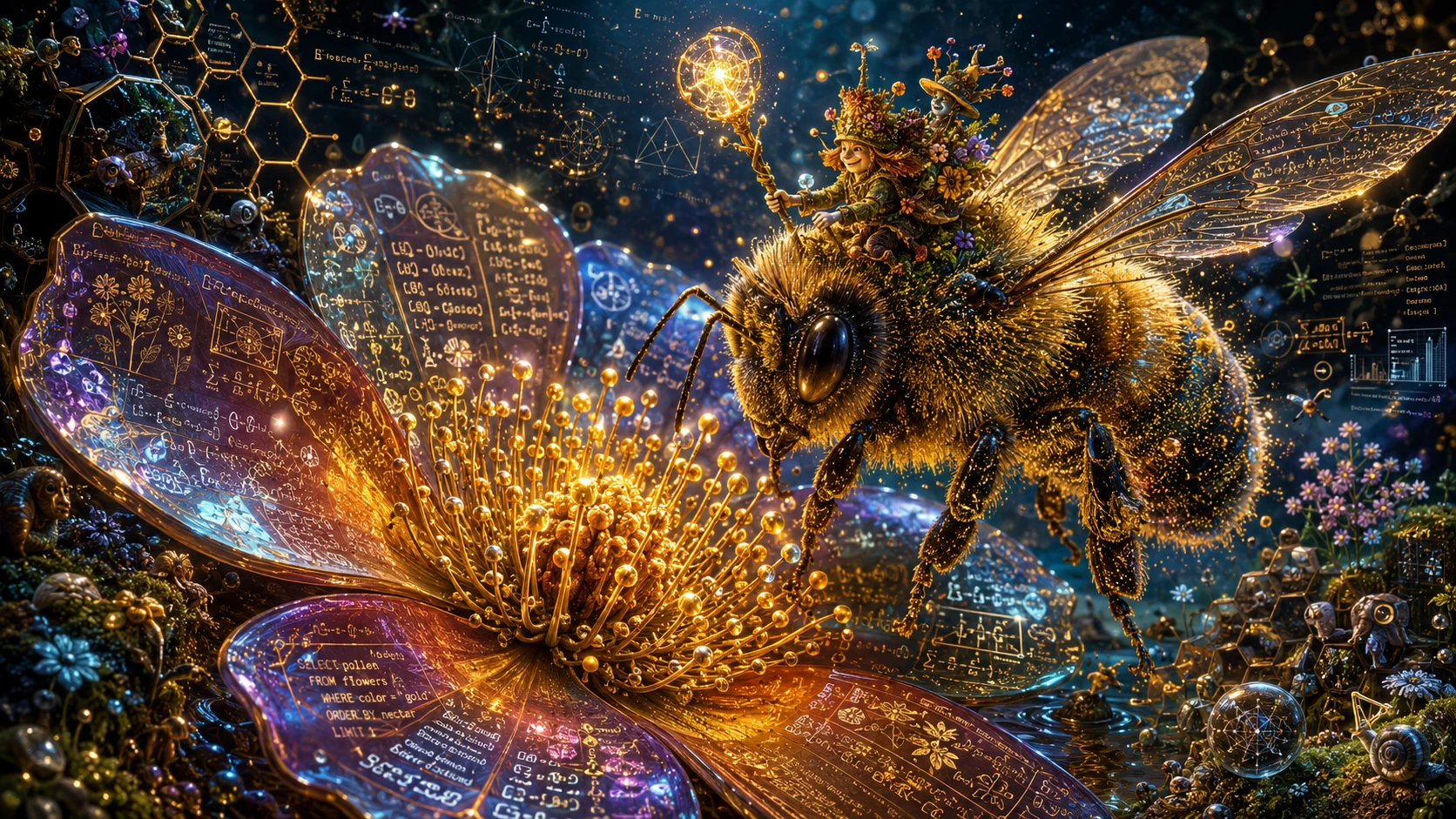 Abejorro gigante sobre flor silvestre de vitrales en jardín de fantasía