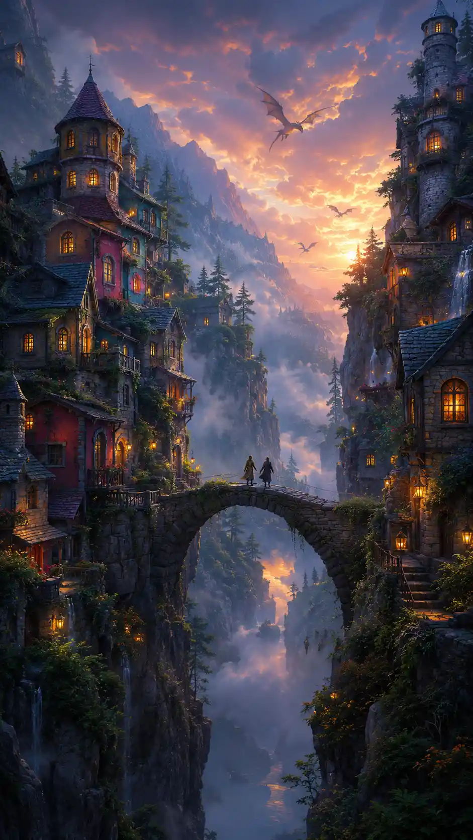 Antikes Fantasy-Klippen-Dorf über einem nebligen Bergcanyon