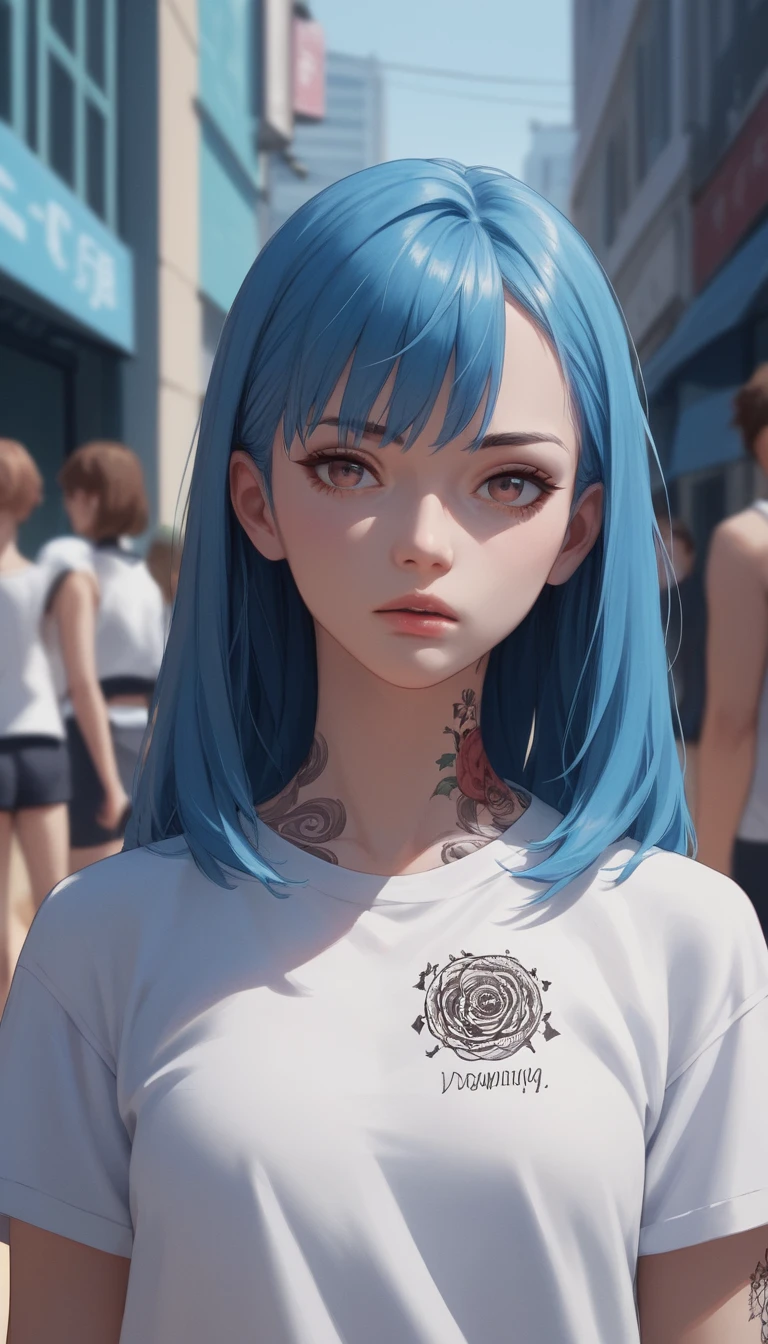 Escolar de anime herida en primer plano en un gimnasio abarrotado