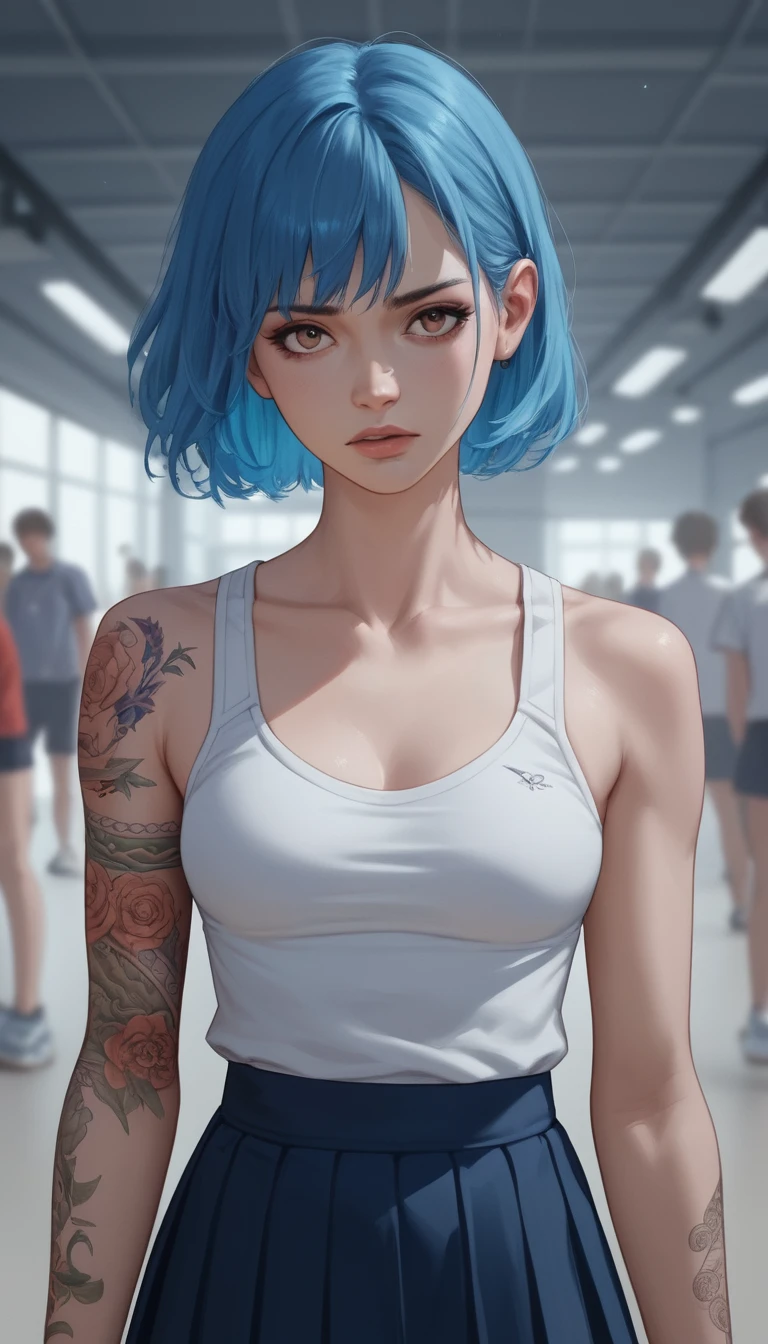 Close up anime schoolgirl in pain in a crowded gym
