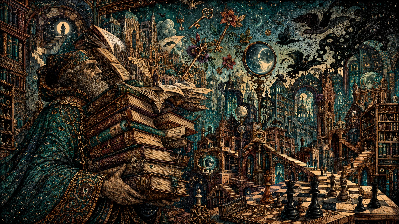 Ancient librarian bearing towering books that unfold into cities