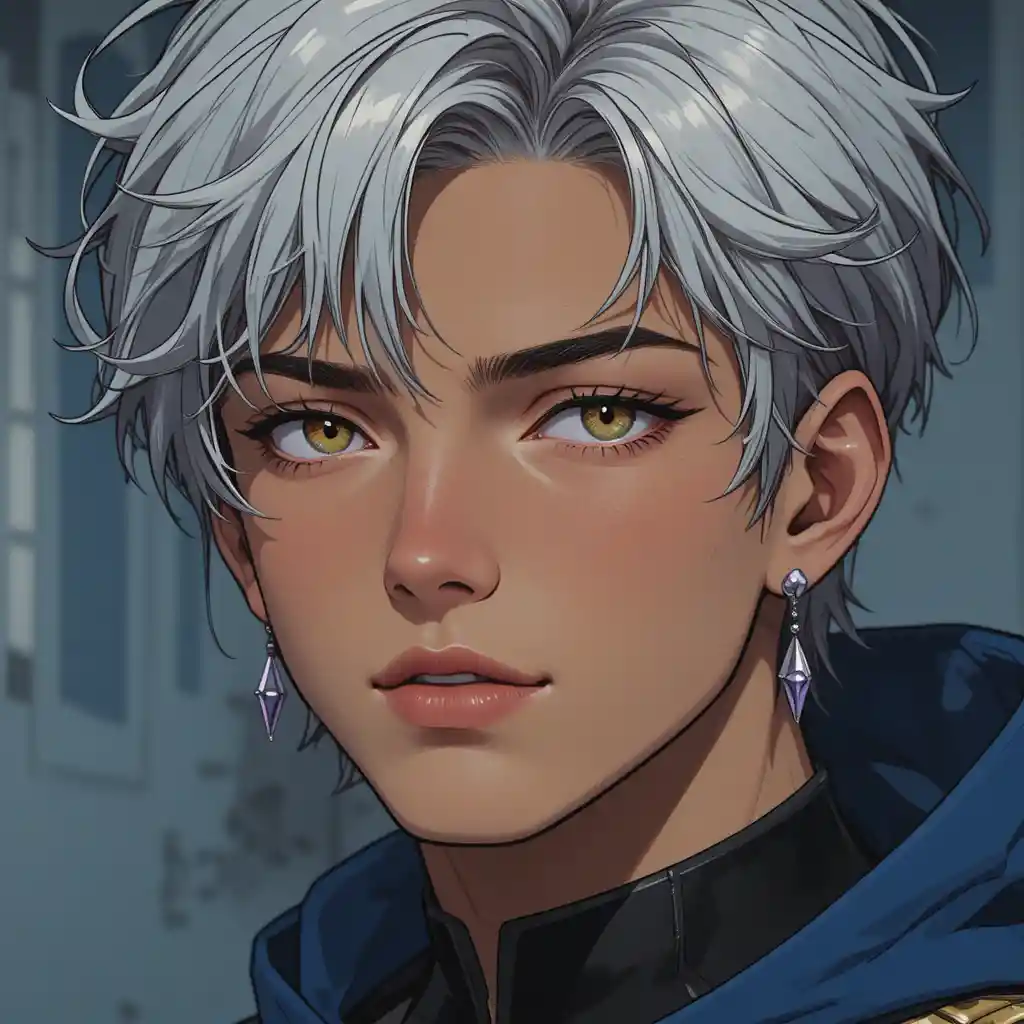 Retrato de garoto de anime com cabelo cinza e olhos amarelos