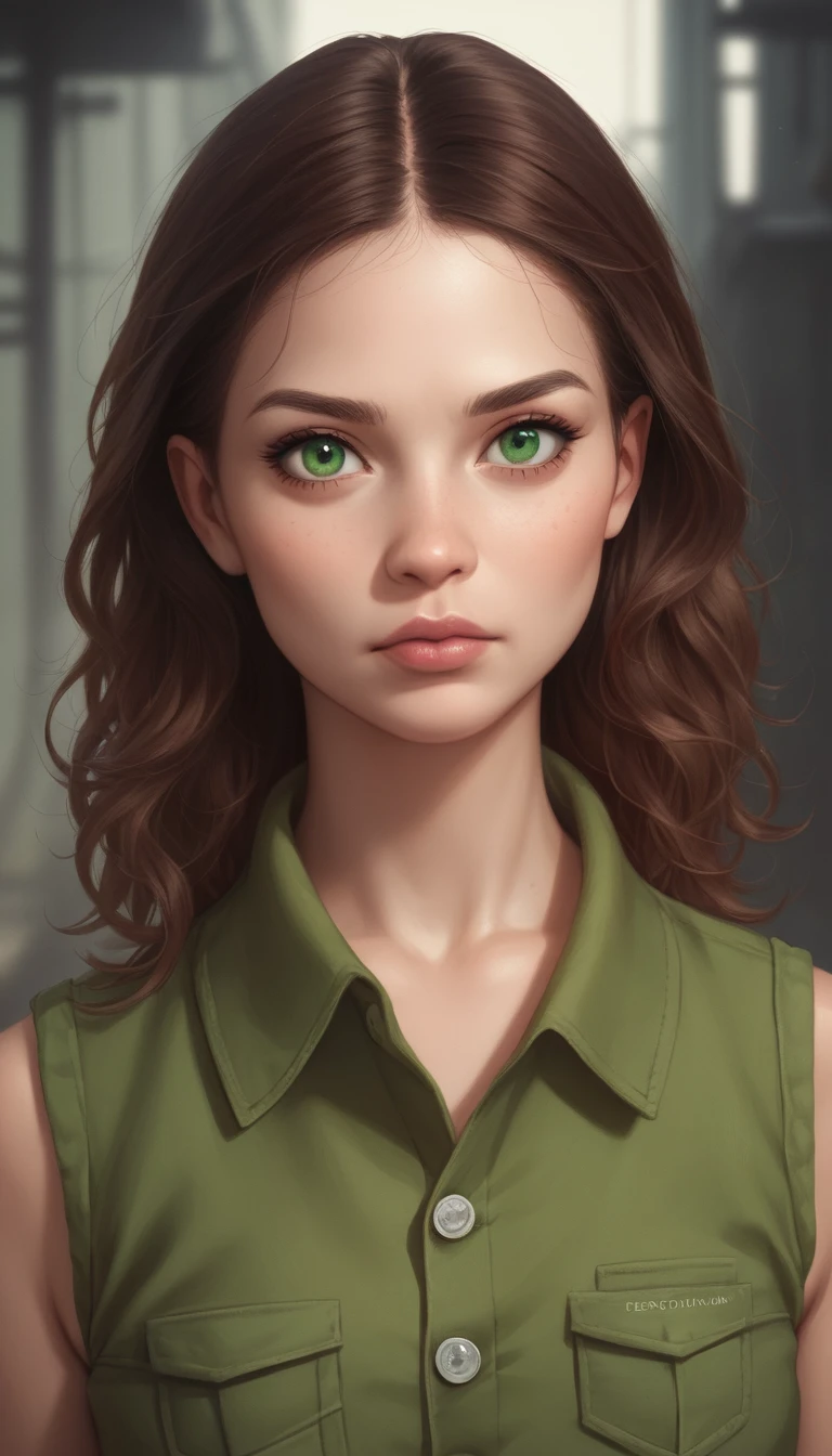 Retrato de mujer joven con rasgos suaves y ojos verdes