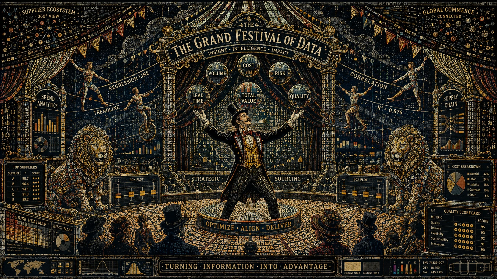 Ringmaster Juggling Vast Data In An Ornate Circus Cathedral