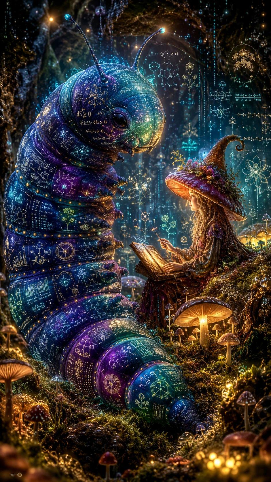 Bruja de hongos con oruga de joyas en bosque encantado
