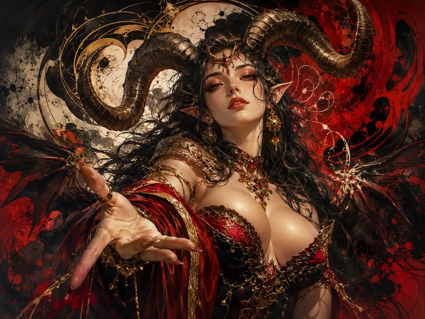 Súcubo con cuernos en retrato de fantasía dramático en tonos joya