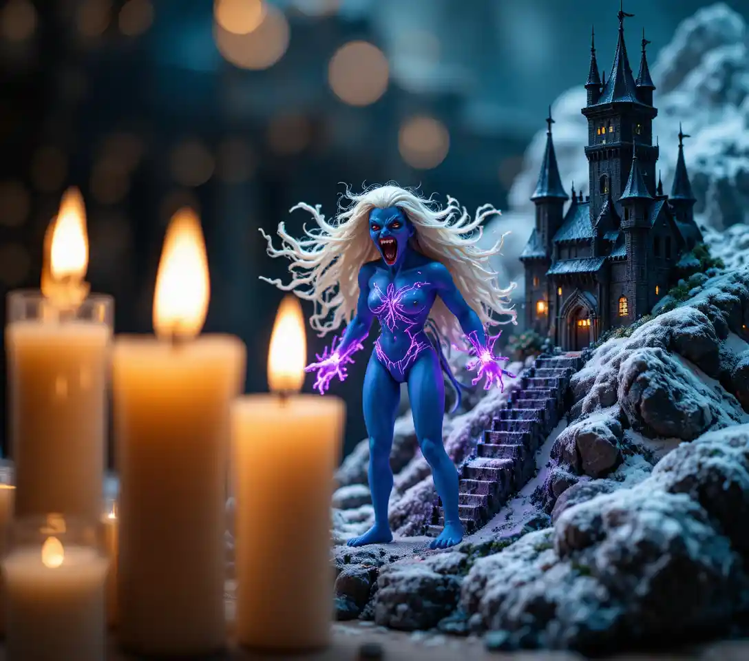 Blauhäutige Sukkubus im kerzenbeleuchteten Fantasy-Diorama