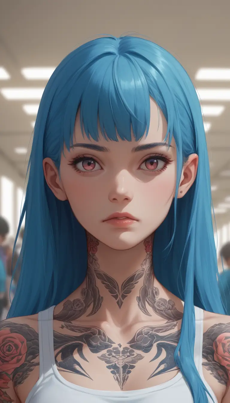 Injured anime schoolgirl in a crowded gym close up