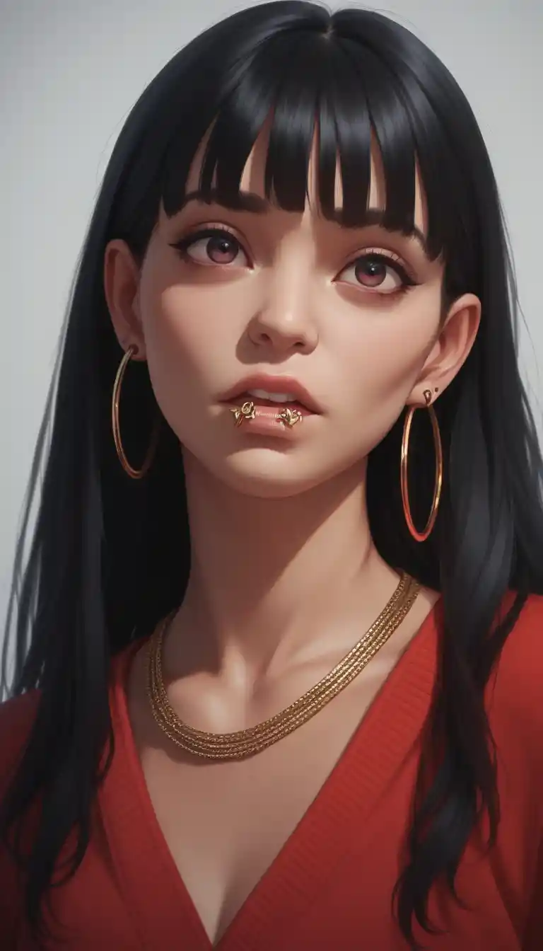 Calm anime schoolgirl portrait with piercings and hoop earrings