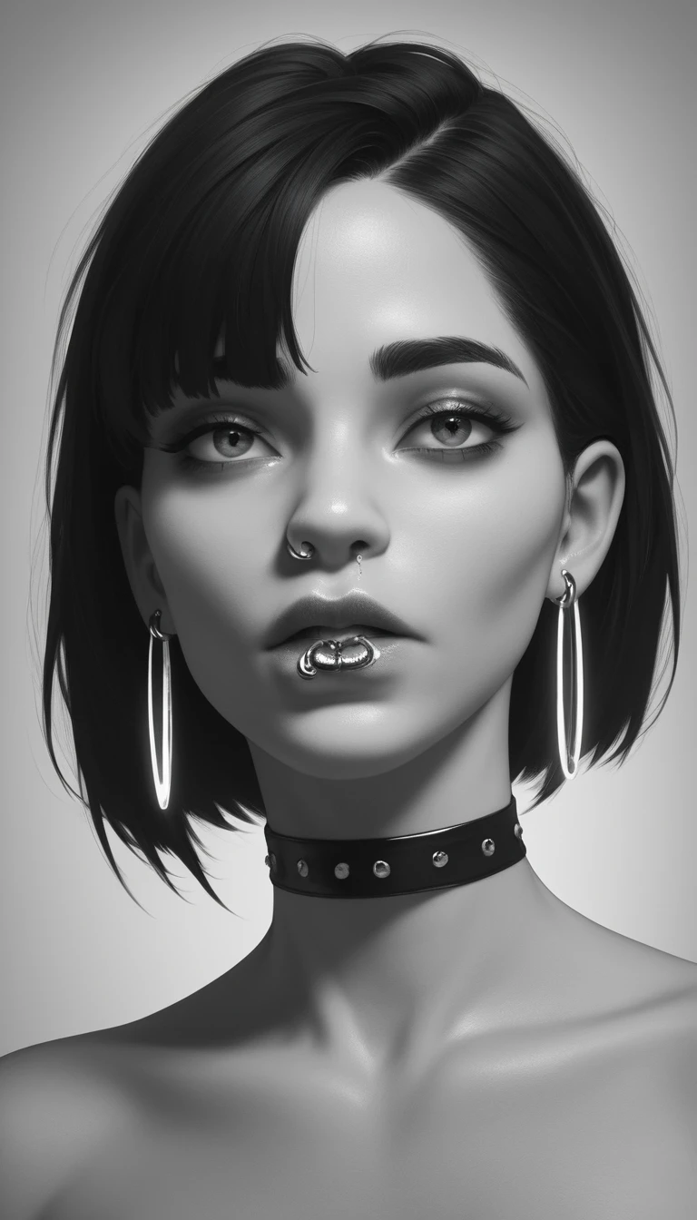 Retrato en primer plano de una mujer con piercings y corte bob