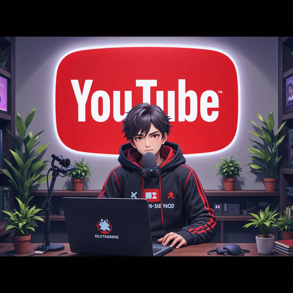 Garoto de anime fazendo stream em uma mesa de computador com microfone