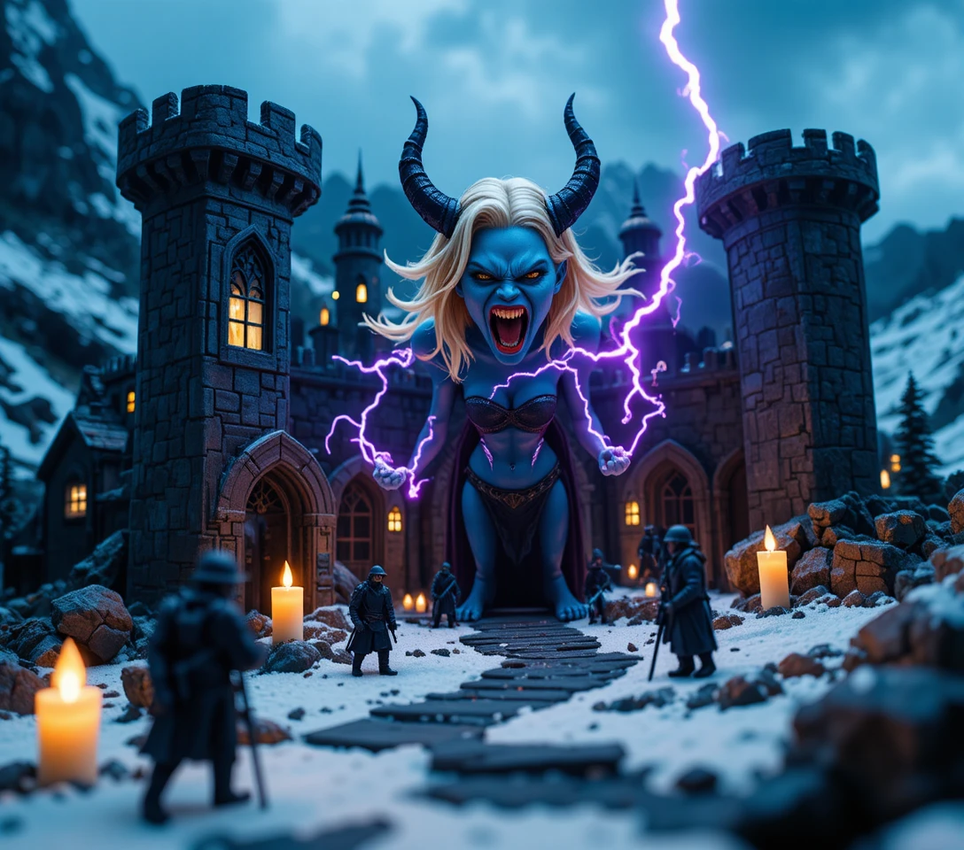 Súcubo de Piel Azul ante un Diorama de Castillo Nevado