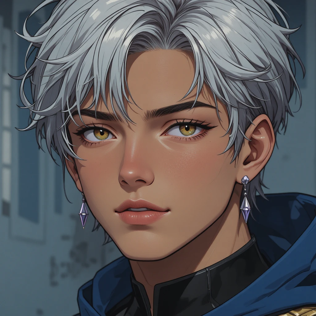 Retrato de garoto de anime com cabelo cinza e olhos amarelos