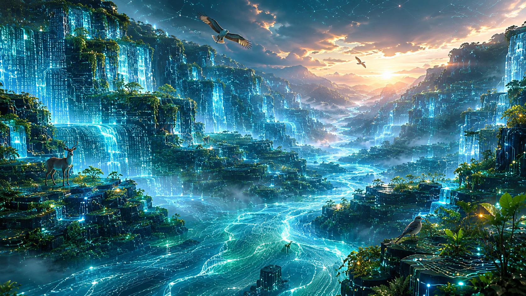 Paisaje épico de cañón digital de datos y enredaderas vivas