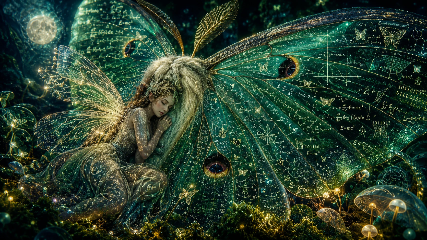 Fairy Resting Against Luna Moth Wings In Moonlit Forest