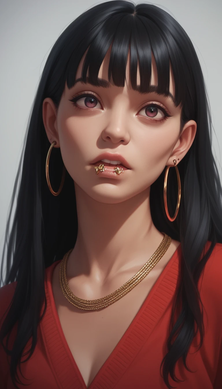 Retrato de colegiala de anime tranquila con piercings y aros grandes