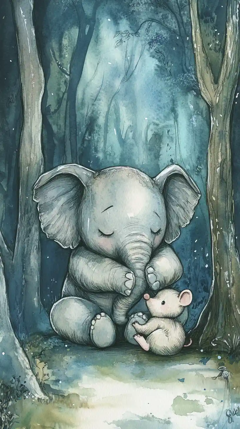 Elefante spaventato abbracciato da orsetto di peluche in una foresta da sogno