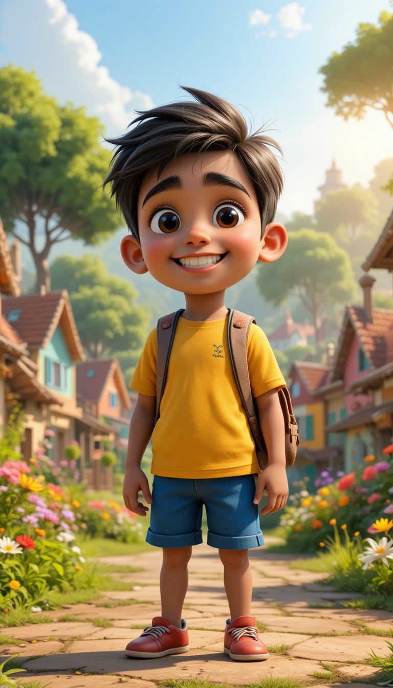 Niño indio sonriente en colorida escena matutina de aldea