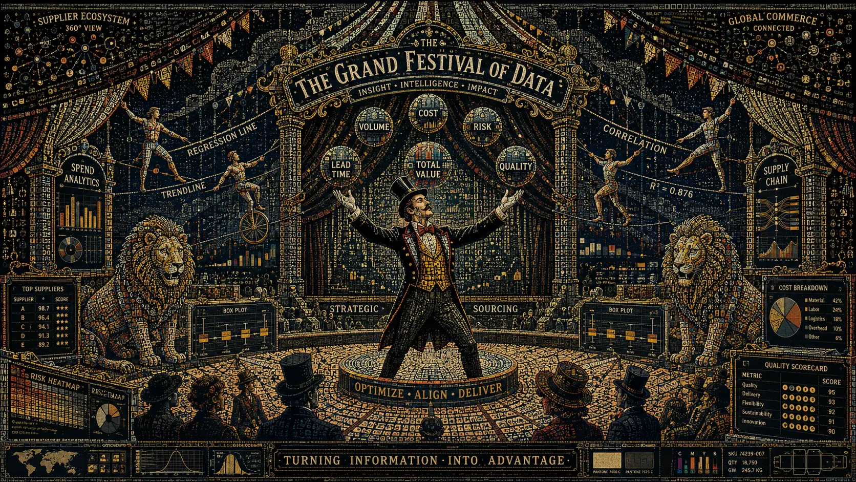 Ringmaster Juggling Vast Data In An Ornate Circus Cathedral