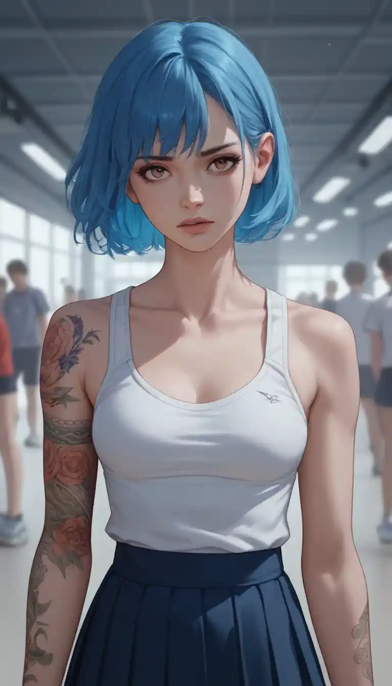 Close up anime schoolgirl in pain in a crowded gym