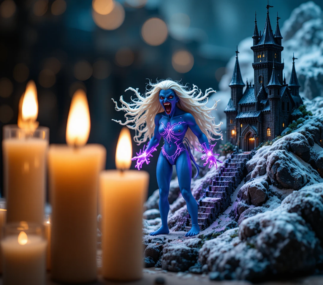 Blue skinned succubus in candlelit fantasy diorama