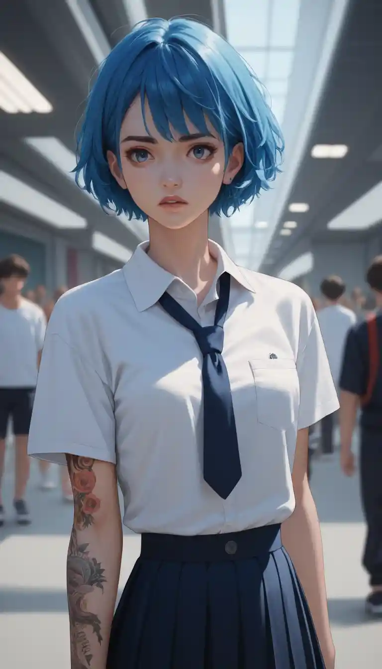 Injured anime schoolgirl standing in a crowded gym