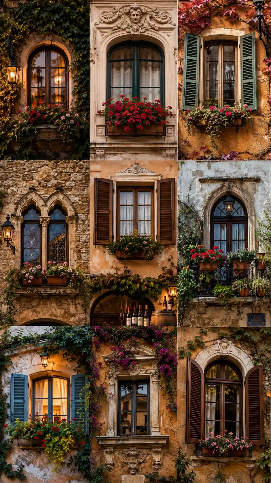 Colorful collage of charming historical building windows