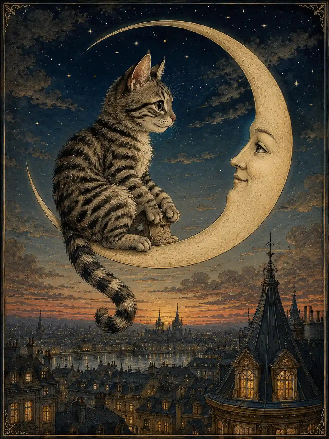 Gato fantástico descansando en una luna creciente sobre la ciudad